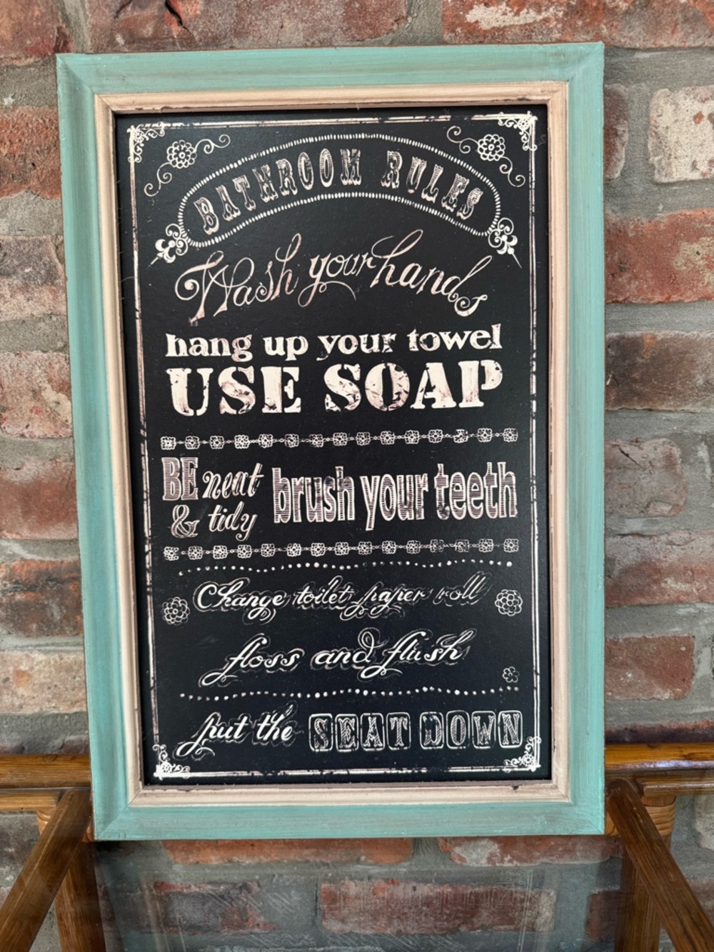 Hobby Lobby Teal and Cream Framed Bathroom Rules Chalkboard Sign